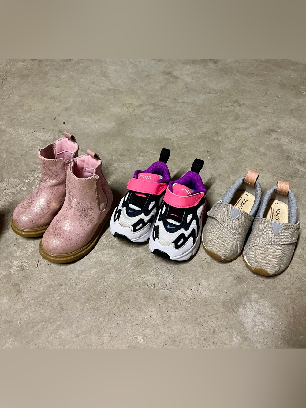 Kids Shoe Lot - Pink Boots, Black/White Sneakers, Gray Toms